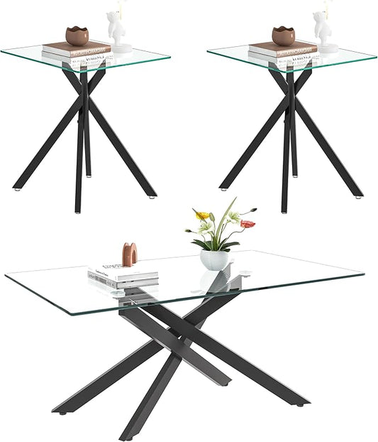 Black Glass Coffee Table Set of 3 Modern End Table Living Room Side Table, Geometric Metal Legs 39.4 Inch Clear Rectangle Center Cocktail Tables, Black