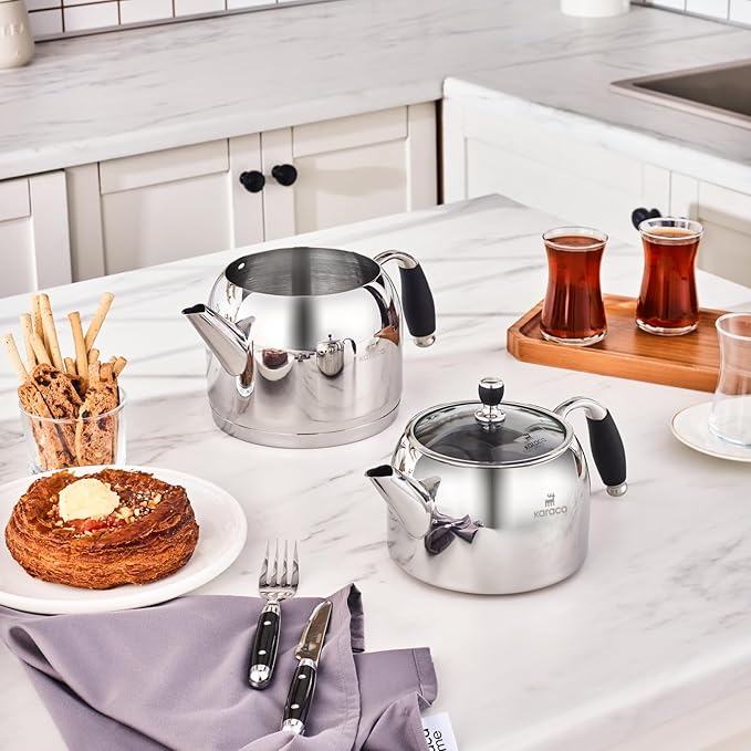 Karaca Stella Stainless Steel Turkish Teapot Set XL, 1L Tea Pot & 2L Water Tank (Kettle), Stove Top/Induction Compatible, Elegant Silver Color, Easy to Clean, Heat-Resistant Handles