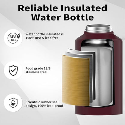 2/3 Gallon Water Bottle Insulated(Cold for 48 Hrs),BPA Free&Leak Proof,87oz Stainless Steel Water Jug/Flask,Big thermo,Large Water Bottle with Handle for Gym,Hiking,Camping,Brick Red