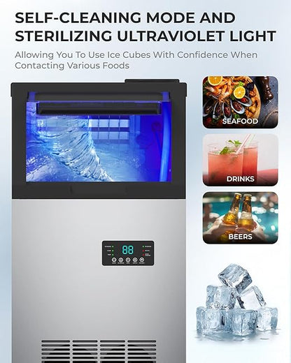 Commercial Ice Maker Machine 120LBS/Day, Undercounter Ice Makers30LBS Storage Bin and 45 Ice Trays, Icemaker Machine Double Water Inlet with Water Line, Ice Scoop