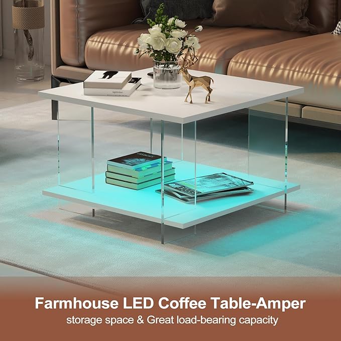 24" Acrylic Coffee Table with White Wood Tabletop, Minimalist Stylish Modern Square Center Table for Living Room,Led Living Room Table with Storage Shelf & Acrylic Frame for Small Space