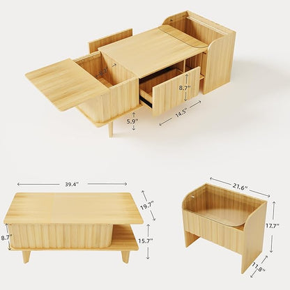 Extendable Coffee Table with Storage, Wood Coffee Table with Hidden Compartment, Expandable Coffee Tables with Side Table for Living Home(Natural)