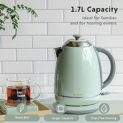 BUYDEEM K640 Stainless Steel Electric Tea Kettle with Auto Shut-Off and Boil Dry Protection, 1.7 Liter Cordless Hot Water Boiler with Swivel Base, 1440W, Cozy Greenish
