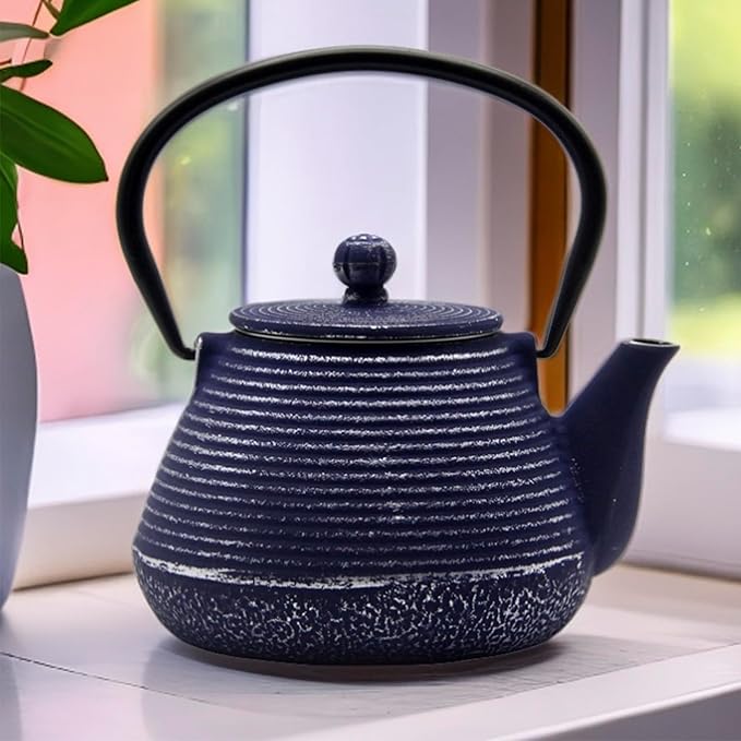 Cast Iron Teapot, 20.3oz Small, Enameled Interior, Stainless Steel Infuser for Loose Tea (Blue Pinstripe Pattern)