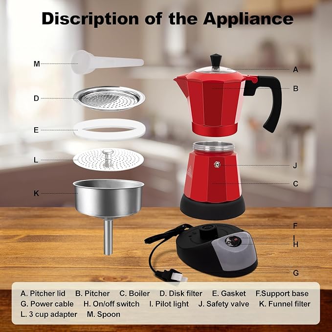 Electric Aluminum Moka Pot 5-6 Cup 270ml Espresso Maker with Detachable Base Ideal Coffee Makers for Home MochaPot Italian and Cuban Café Coffeemaker Espressomaker CoffeePot Red