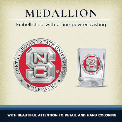 Heritage Pewter North Carolina State Square Shot Glass | Hand-Sculpted 1.5 Ounce Shot Glass | Intricately Crafted Metal Pewter Alma Mater Inlay