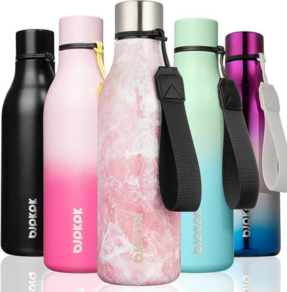 BJPKPK Insulated Water Bottles, 18 oz Stainless Steel Metal Water Bottle with Strap, BPA Free Leak Proof Jugs, Mugs, Flasks, Reusable Thermal Flasks for Sports& Travel, Blossom