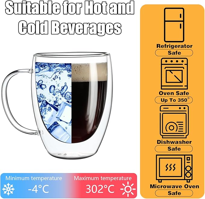 Set of 4 Double Walled Glass Coffee Mugs with Handles, 12oz Clear Coffee Mugs for Hot/Cold Beverages, Insulated Borosilicate Glass Cups for Cappuccino, Espresso, Latte, Tea, Milk, Microwave Safe