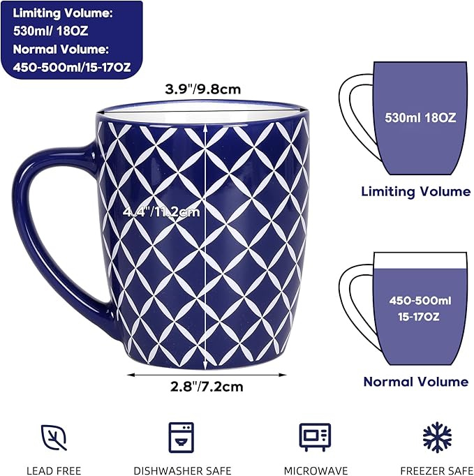 Schliersee 18 OZ Large Coffee Mugs Set of 6, Ceramic Mug for Man Woman, Blue White Geometric Floral Porcelain Cup for Latte, Hot Tea, Cappuccino, Mocha, Cocoa, Housewarming Wedding Mug Present