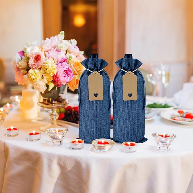 Windyun 100 Pcs Burlap Wine Bags Bottle Gift Sacks with Tags 5.9 x 13.8 Inch Jute Burlap Plain Wine Bags for Wedding Birthday Blind Tastings Christmas Travel Party (Royal Blue)