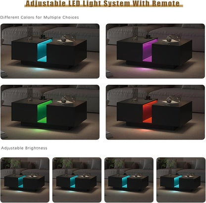 Black Led Coffee Table for Living Room, Rectangular Living Room Table with Storage, Acrylic Coffee Tables with 2 Sliding Drawers, Wood Center Table for Reception Dinning Room