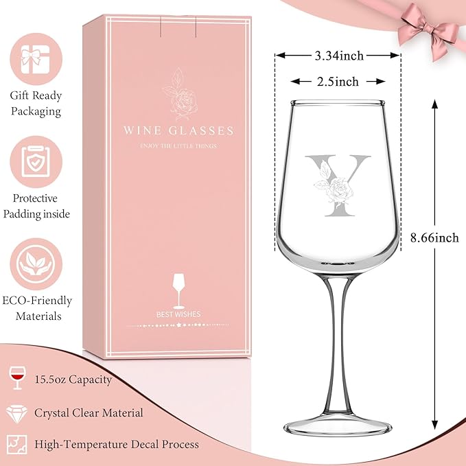 Personalized Wine Glass Gifts for Women - Monogrammed A-Z Wine Glasses Gift | Custom Christmas Gift, Valentines Day, Birthday Gifts for Women Her Mom Wife Best Friend Sister (Y)
