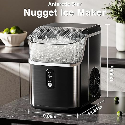 Nugget Countertop Ice Maker with Soft Chewable Pellet Ice, Automatic Cleaning, 34Lbs/24H, Pebble Ice Machine with Ice Scoop, Sonice Ice, One Click Operation for Office/Home/Bar (Stainless Steel Black)