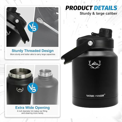NATURE PIONEOR One Gallon Water Bottle Insulated - Large Double Vacuum Stainless Steel 84 oz Water Bottle with Holder/Carrier, 84oz Water Jug,Wide Mouth
