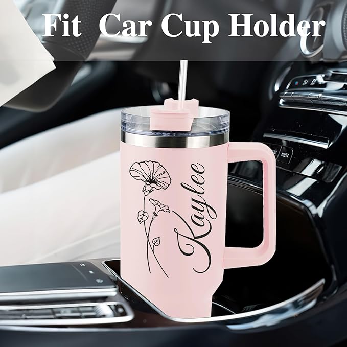 Personalized 40 Oz Tumbler with Handle and Straw, Custom Cup with Name & Birth Flower, Stainless Steel Travel Coffee Tumbler,Personalized Christmas Birthday Gifts for Women, Teen Girls