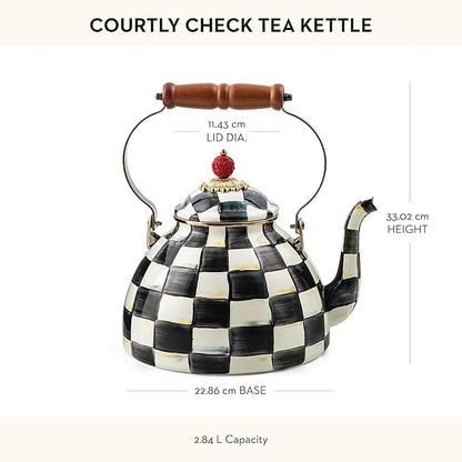 MACKENZIE-CHILDS Enamel Tea Kettle, Stylish Tea Kettle for Stovetop, Black-and-White Courtly Check, 3 Quarts