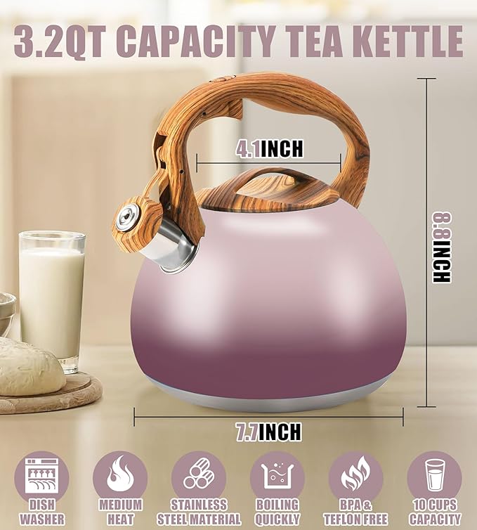 Tea Kettle for Stove Top, 3.2QT Whistling Tea Pots with Wood Parttern Handle, Stainless Steel Teapot for Home and Kitchen (Purple Gradient)