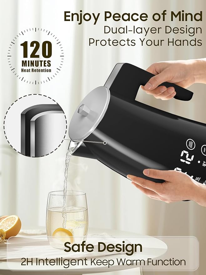 Temperature Control Electric Kettle, 5 Temp Presets, 2H Keep Warm, 1.25L 1200W Fast Boil with LED Display, Cool-Touch Design with Auto Shut-Off, Cordless Design (Gray)