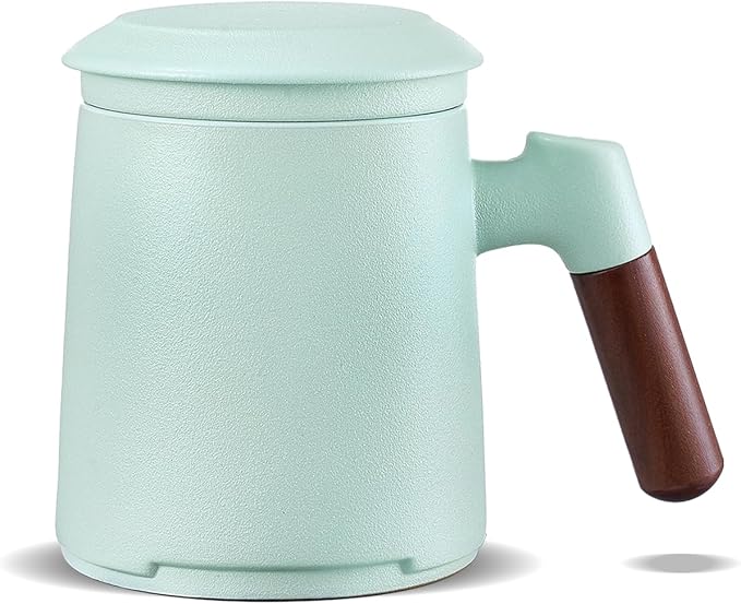 ZENS Tea Cup with Infuser and Lid for Loose Leaf Steeping, 16.9oz Embossed Ceramic Tea Infuser Mug, Wood Handle Tea Diffuser, Great Gift