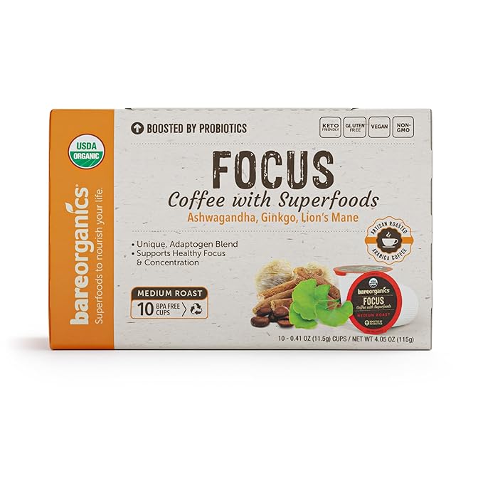 Focus Coffee with Superfoods - Organic Probiotic Mushroom Coffee Pods, Supports Healthy Focus & Digestion, Infused with Ashwagandha, Lion's Mane, and Cinnamon, USDA Certified Organic - 10 Recyclable Single Serve K-Cups - 6 Pack
