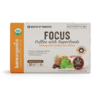 Focus Coffee with Superfoods - Organic Probiotic Mushroom Coffee Pods, Supports Healthy Focus & Digestion, Infused with Ashwagandha, Lion's Mane, and Cinnamon, USDA Certified Organic - 10 Recyclable Single Serve K-Cups - 6 Pack