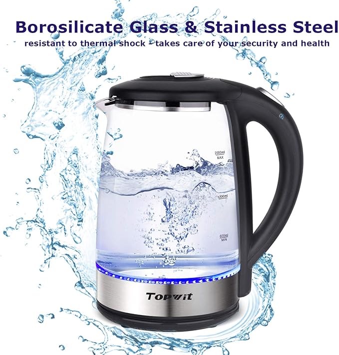 TOPWIT Electric Kettle Glass Hot Water Kettle, 2.0L Water Warmer, BPA-Free Stainless Steel Lid & Bottom, Tea Kettle with Fast Heating, Auto Shut-Off & Boil Dry Protection