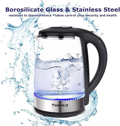 TOPWIT Electric Kettle Glass Hot Water Kettle, 2.0L Water Warmer, BPA-Free Stainless Steel Lid & Bottom, Tea Kettle with Fast Heating, Auto Shut-Off & Boil Dry Protection