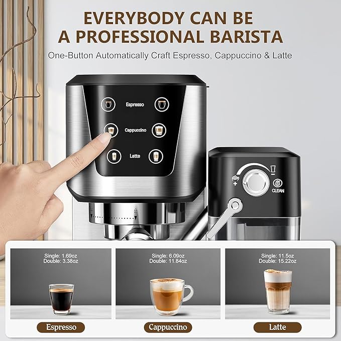 Espresso and Cappuccino Machine 20 Bar, Latte Machine with Automatic Milk Frother, Espresso Maker in Stainless Steel Design,1350W Coffee Maker with Touchscreen for Home (Silver)