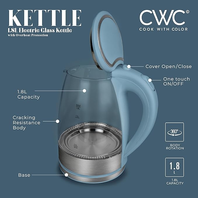 COOK WITH COLOR Electric Tea Kettle, 1.8L Cordless Hot Water Boiler, 1200W Rapid Boil, Auto Shutoff & Boil Dry Protection, BPA-Free, Sleek Countertop Design, Slate Blue