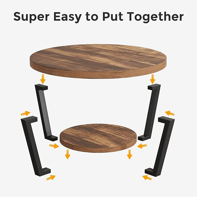 Round Coffee Table with Storage Shelf, 2-Tier Wooden Accent Center Table, Modern Industrial Living Room Furniture, Rustic Brown