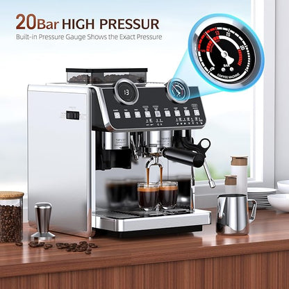 Espresso Machine with Grinder, 20 Bar Pressure Professional Espresso Maker with 30 Grinding Settings, 58mm Portafilte, Anti-scalding Milk Frother Steam Wand for Latte Cappuccino (Stainless Steel)