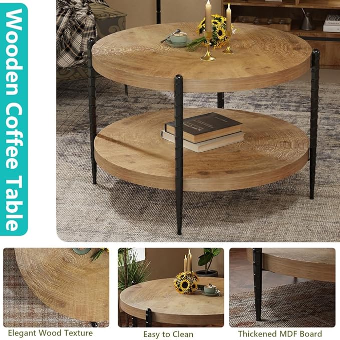 Round Coffee Table for Living Room, Small 2-Tier Circle Coffee Tables with Storage Shelf, Rustic Wood Desktop Modern Design Accent Center Table Home Furniture for Apartment, Brown and Black