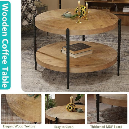 Round Coffee Table for Living Room, Small 2-Tier Circle Coffee Tables with Storage Shelf, Rustic Wood Desktop Modern Design Accent Center Table Home Furniture for Apartment, Brown and Black