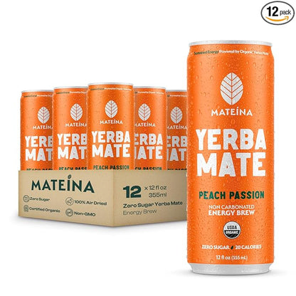 Mateina Yerba Mate Zero Sugar Energy Drink – 120mg Natural Caffeine – Organic, Non-GMO, Non-Carbonated – Dr. Andrew Huberman Recommended – 12 Pack (12oz Cans) (12 Pack, Peach Passion)