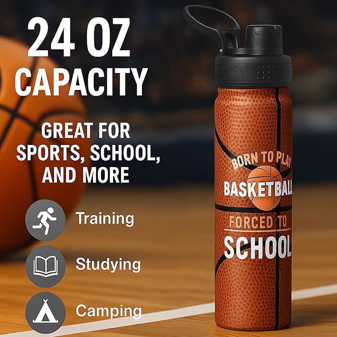 Basketball Water Bottle, 24 oz Insulated Stainless Steel Sports Bottle with Straw, Basketball Stuff Gifts for Boys