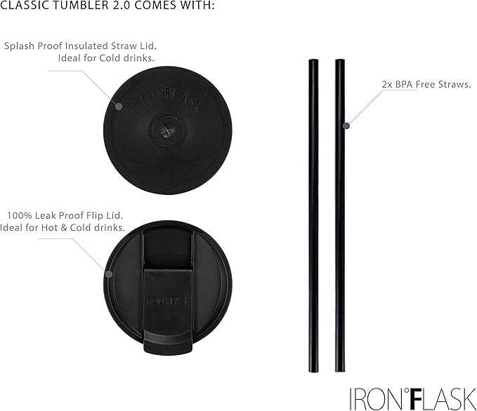 IRON °FLASK Classic Tumbler - Vacuum Insulated Stainless Steel Water Bottle, Double Walled, Drinking Cup, Insulated Travel Mug (Midnight Black, 24 oz Solid Lid)