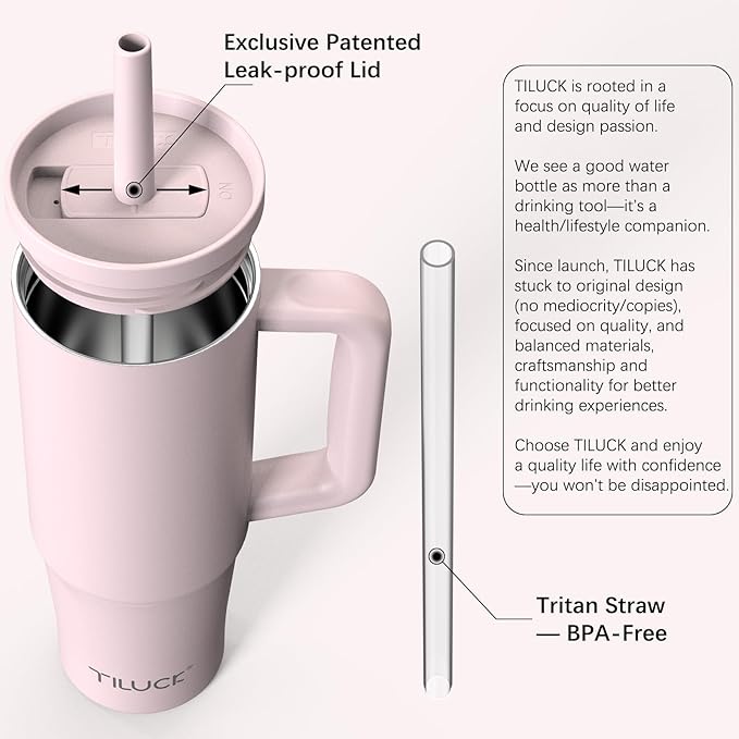 TILUCK 30 oz Tumbler with Handle, Vacuum Insulated Stainless Steel Travel Mug with 100% Leak-Proof Silicone Straw Lid, Cupholder Friendly Water Bottle(LightPink, 30oz)