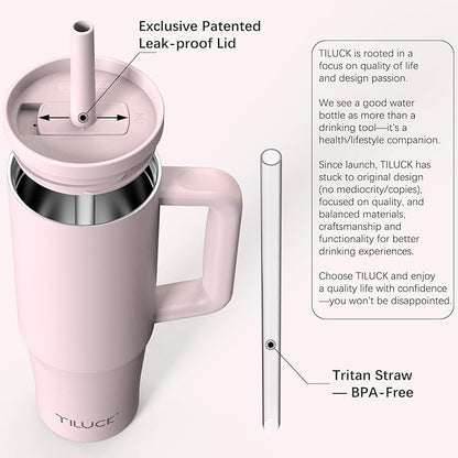 TILUCK 30 oz Tumbler with Handle, Vacuum Insulated Stainless Steel Travel Mug with 100% Leak-Proof Silicone Straw Lid, Cupholder Friendly Water Bottle(LightPink, 30oz)