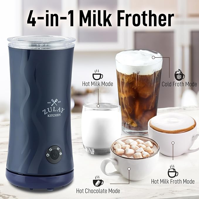 Zulay 4-in-1 Milk Frother and Steamer - Automatic Hot and Cold Foam Maker with Auto Shut Off & Temperature Control for Coffee, Latte, Cappuccino, Hot Chocolate - Navy