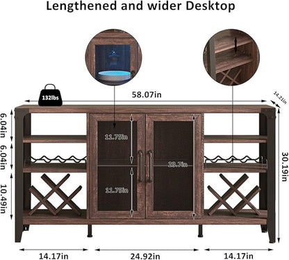 Vabches 58" Wine Bar with Wine Rack Storage,Alcohol Cabinet with LED Strip, Liquor Cabinet Bar for Home Dining Room, Sideboard Buffet with Storage