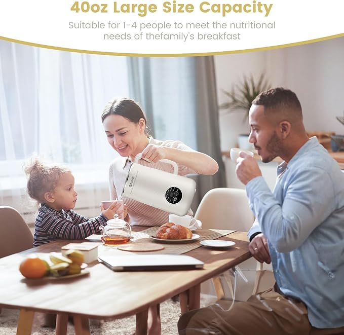 Nut Milk Maker Machine - 8 in 1 Soy Milk Maker Machine 40 Oz with Self-Cleaning, 24H Delay Start & 12H Keep Warm, Automatic Plant-Based Milk Blender for Almond, Oat, Coconut, Soybean (White)