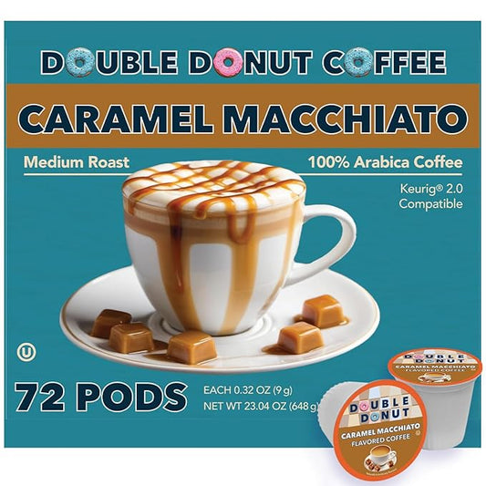 Double Donut Caramel Macchiato Flavored Coffee Pods,Medium Roast Coffee Compatible with Keurig K Cups Brewers, 72 Count