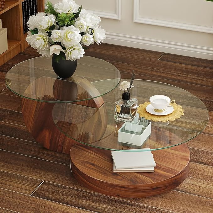 42 Inch Glass Coffee Table，Round Coffee Table with 2-Tier Tempered Glass Tabletop，Easy to Clean Circle Coffee Table with Sturdy Base for Living Room，Office (Dark Walnut-Colored Base)