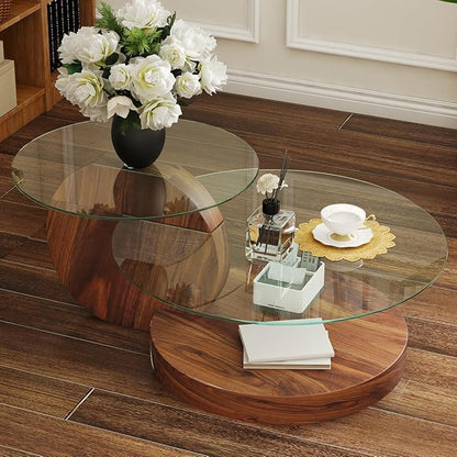 42 Inch Glass Coffee Table，Round Coffee Table with 2-Tier Tempered Glass Tabletop，Easy to Clean Circle Coffee Table with Sturdy Base for Living Room，Office (Dark Walnut-Colored Base)