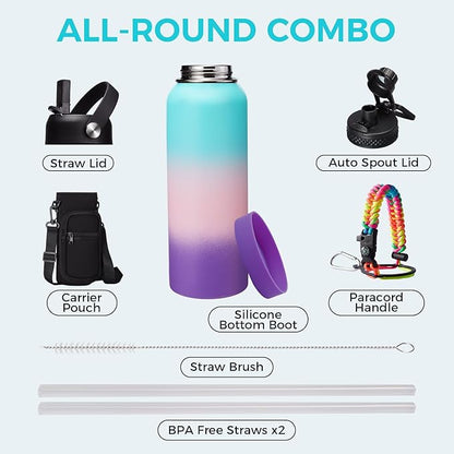 Stainless steel Water Bottle 40OZ - with Straw & Spout Lids, Paracord Handle, Shoulder Carrier Bag, Vacuum Insulated Water Jug, Leak Proof Metal Waterbottle for Sports Gym Yoga Workout Travel Hiking