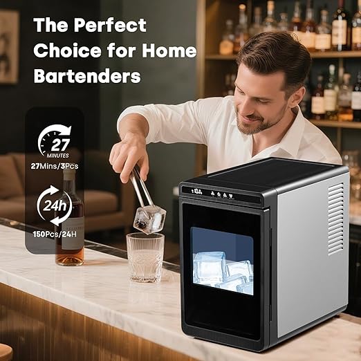 Countertop Ice Maker Machine, 3pcs in 27 Mins, 160pcs/Day, Large Square Ice Cubes for Cocktails, Whiskey & Bourbon, Portable Ice Maker with Basket and Scoop, Auto-Cleaning for Home/Bar/Party (Black)