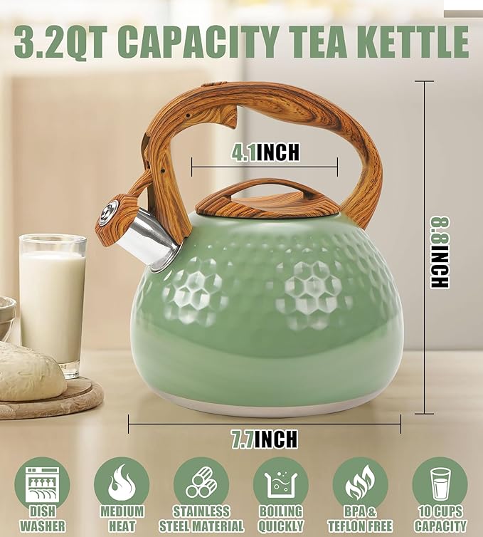 Stovetop Whistling Tea Kettle 3.2QT - Stainless Steel with Wood Grain Handle, Loud Whistle Kettle for Tea, Coffee & Milk, Ergonomic Grip & Balanced Pour Spout (Emerald Green)