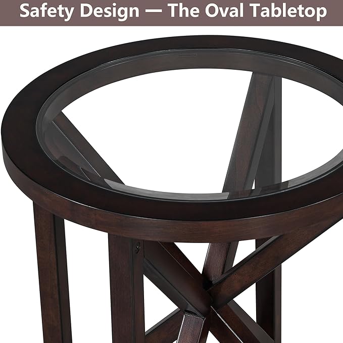 Round End Table Living Room Sofa Side Table Modern Simple Transparent Tempered Glass Top and Wood Base, Accent End Table, Cherry