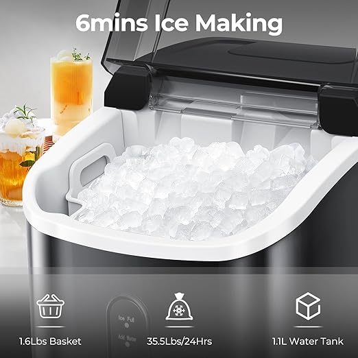 Nugget Ice Maker Countertop, 35.5Lbs/24Hrs Chewable Sonic Ice Machine with Self-Cleaning, Handle, Water Tank, Quiet Operation & Portable Pellet Ice Maker for Home, Office, Kitchen, Bar, Deep Black