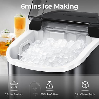 Nugget Ice Maker Countertop, 35.5Lbs/24Hrs Chewable Sonic Ice Machine with Self-Cleaning, Handle, Water Tank, Quiet Operation & Portable Pellet Ice Maker for Home, Office, Kitchen, Bar, Deep Black